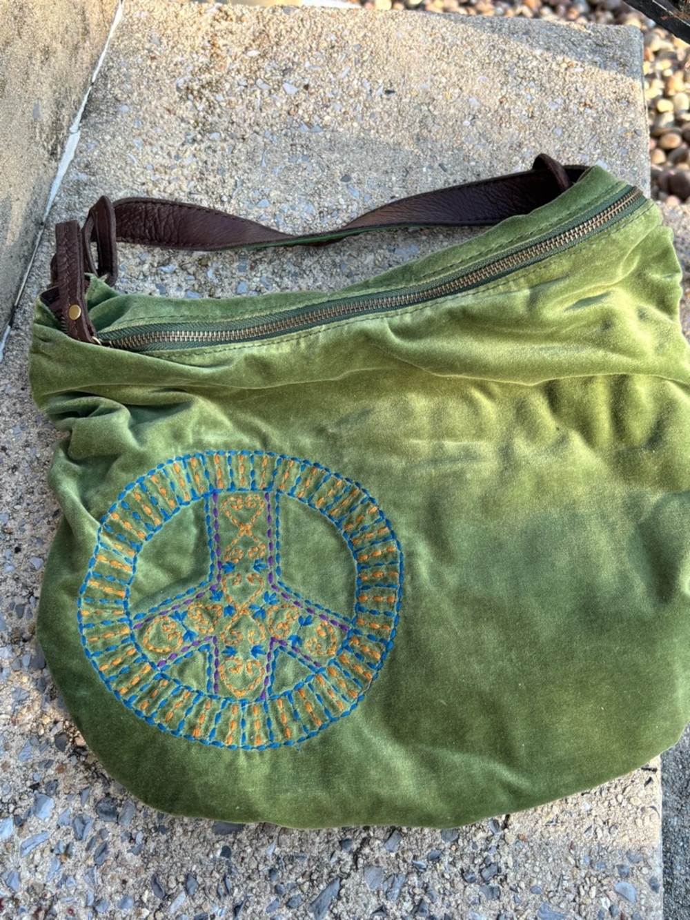 Lucky Brand Green Embroidered Peace Sign Shoulder Bag with Brown Strap NWOT
